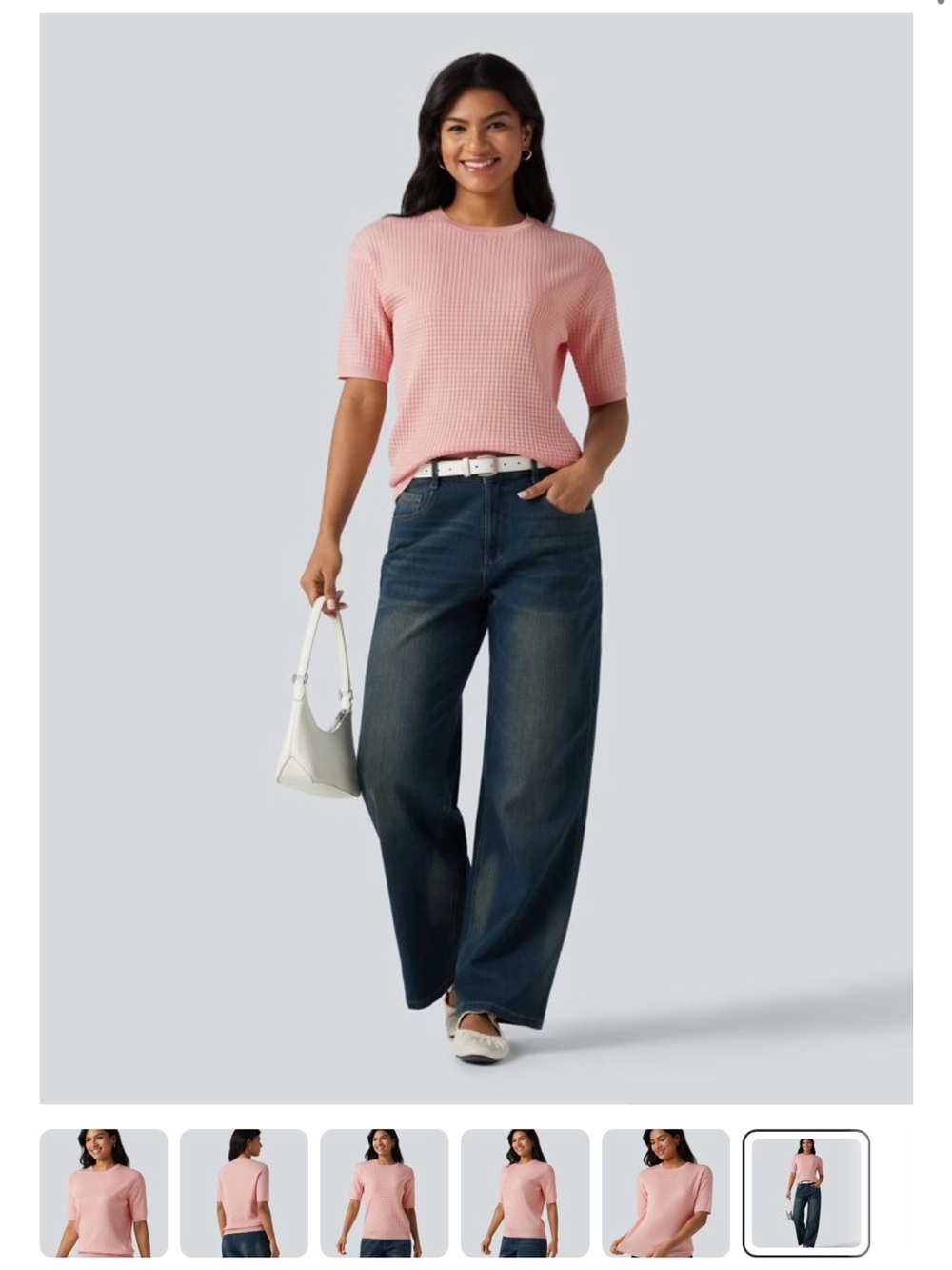 HALARA Pink Short-Sleeve Waffle Knit Sweater